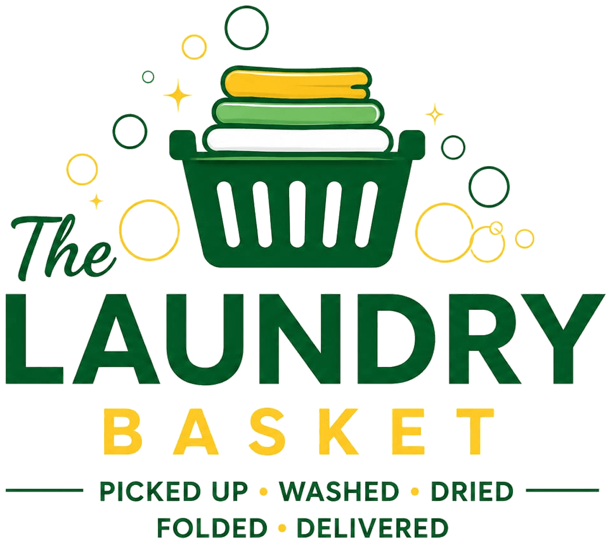 The Laundry Basket logo: a green basket of folded laundry above the words The Laundry Basket, picked up, washed, dried, folded, delivered