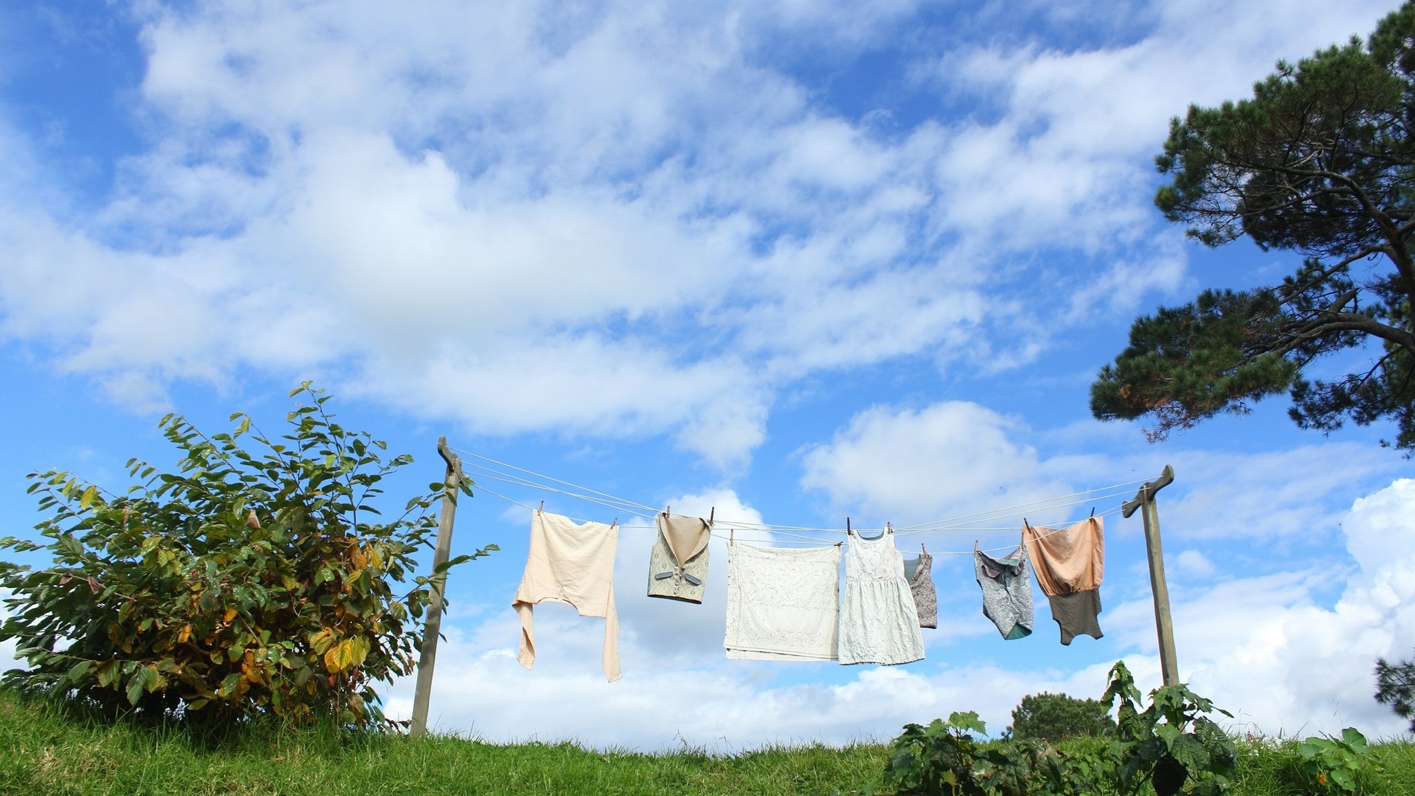 Freshly washed laundry drying on an outdoor line under a bright sky